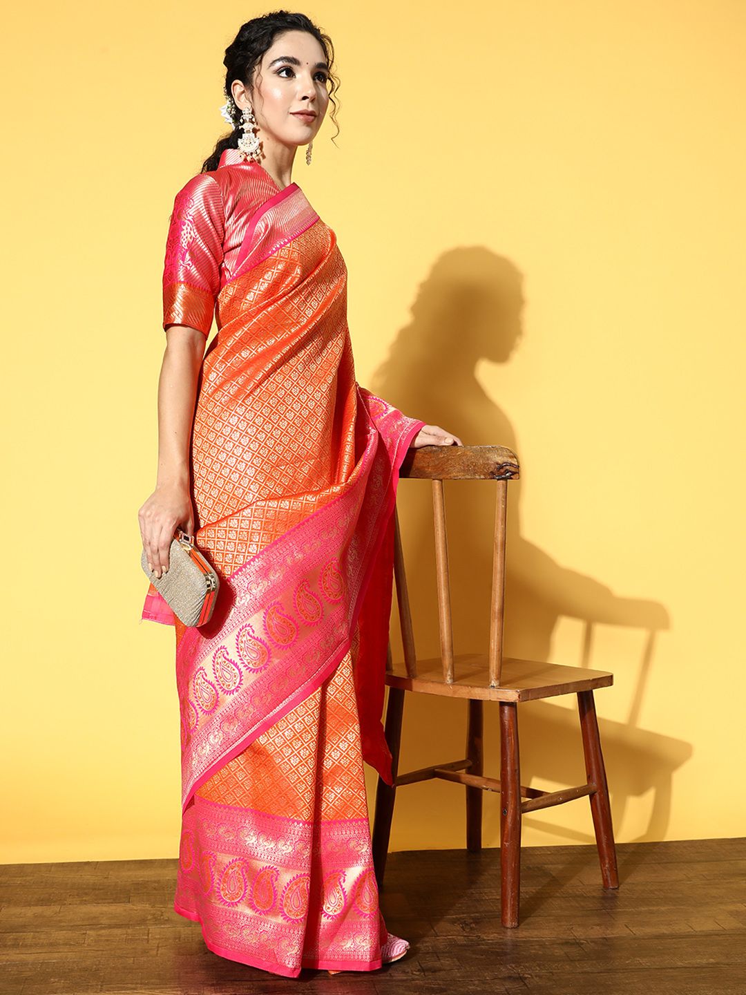 Saree mall Orange & Pink Ethnic Motifs Zari Silk Blend Dharmavaram Sarees Price in India