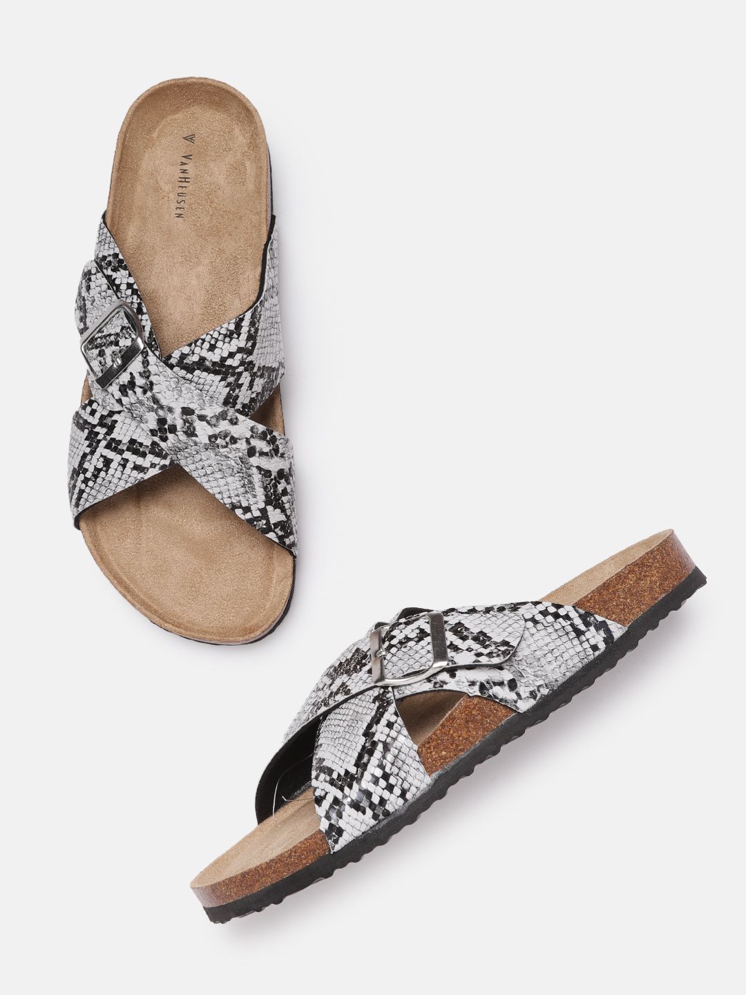 Van Heusen Woman Black & White Snake Skin Textured Open Toe Flats with Buckle Detail Price in India