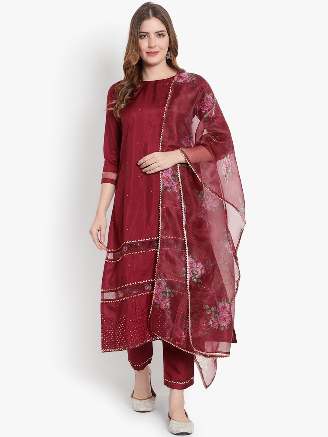 heemara Women Maroon Ethnic Motifs Printed Kurta with Trousers & With Dupatta
