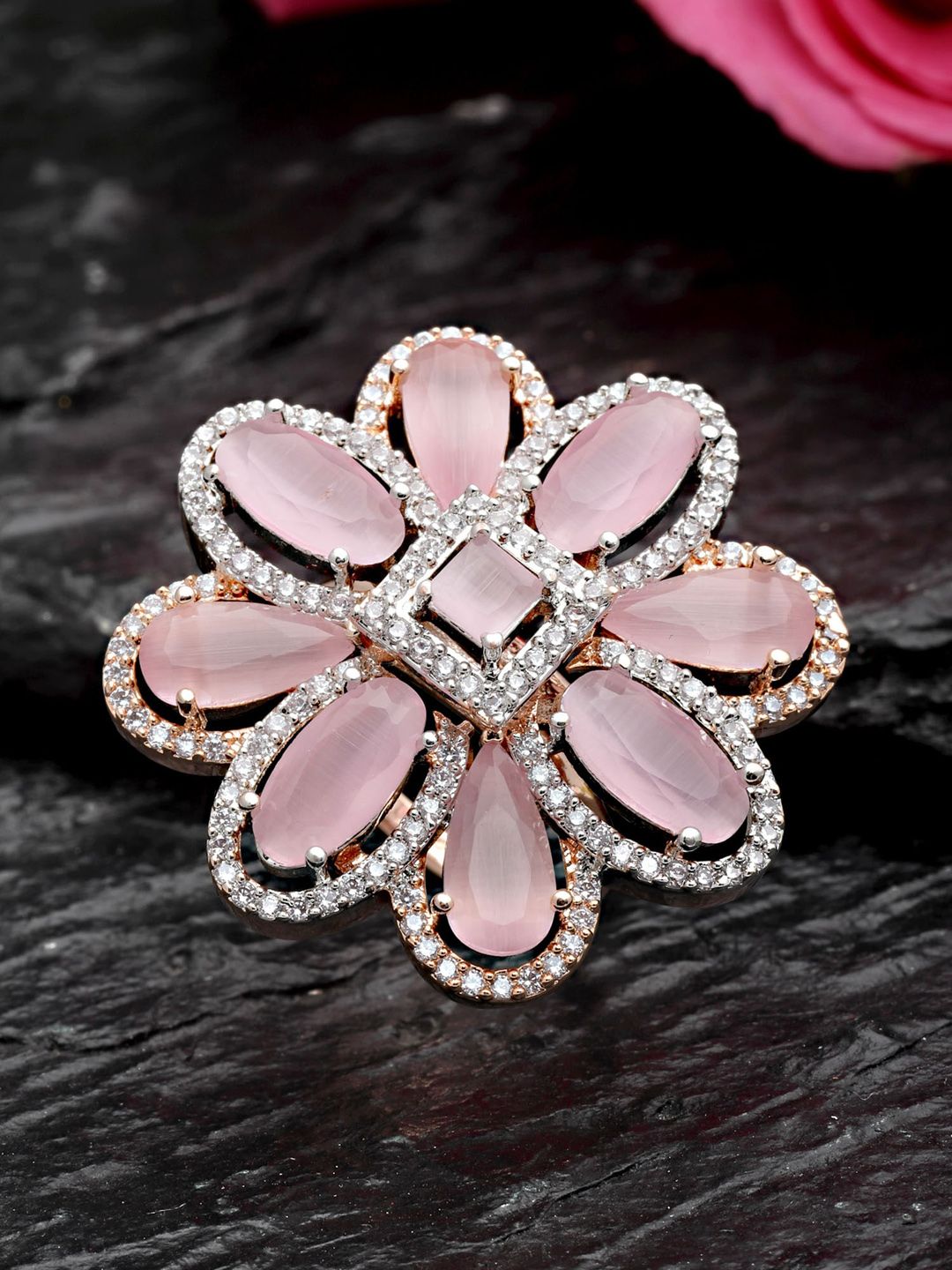 KARATCART Women Rose Gold-Plated Pink Cubic Zirconia Studded Adjustable Ring Price in India
