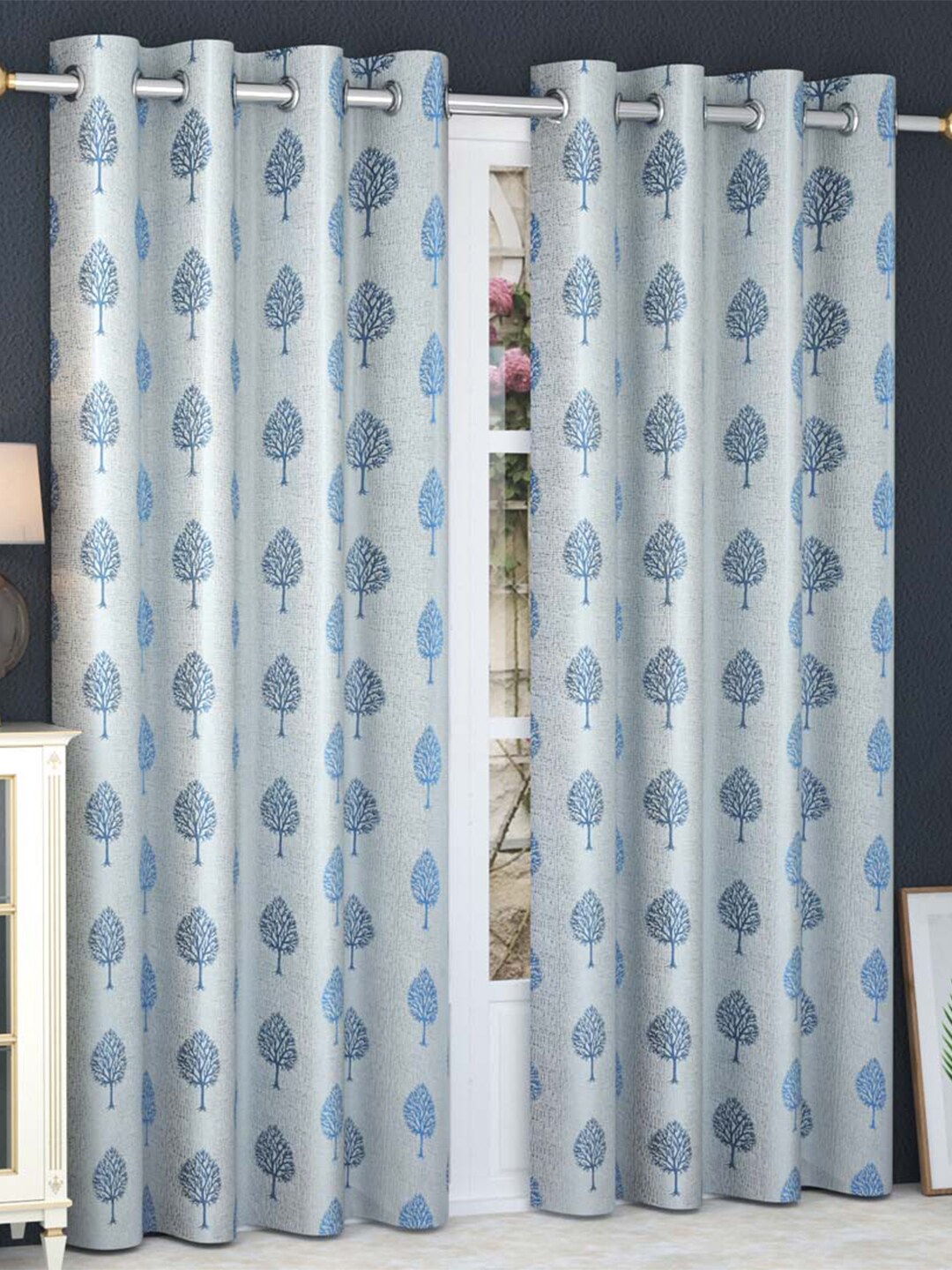 Slushy Mushy Grey & Blue Set of 2 Floral Door Curtain Price in India