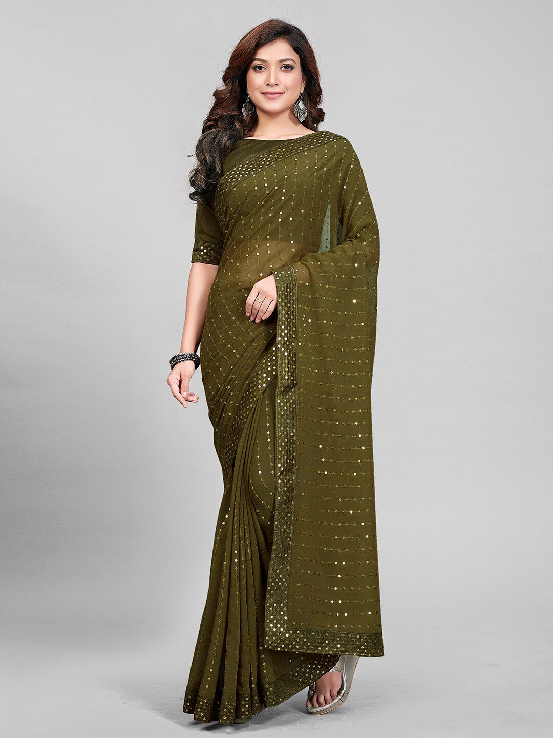 Granthva Fab Olive Green Embellished Sequinned Saree