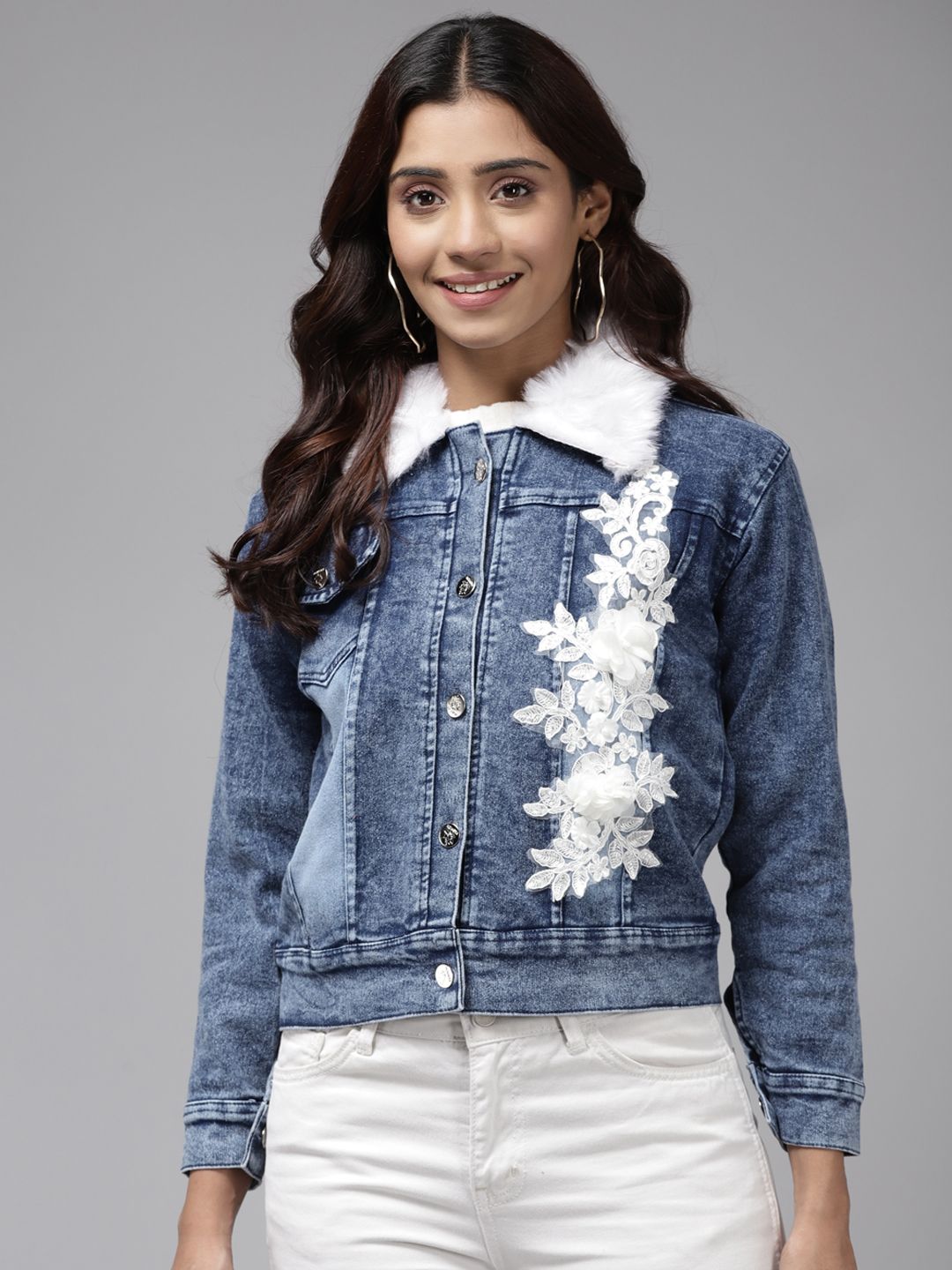 Aarika Women Blue Denim Jacket With Embroidered Detail Price in India