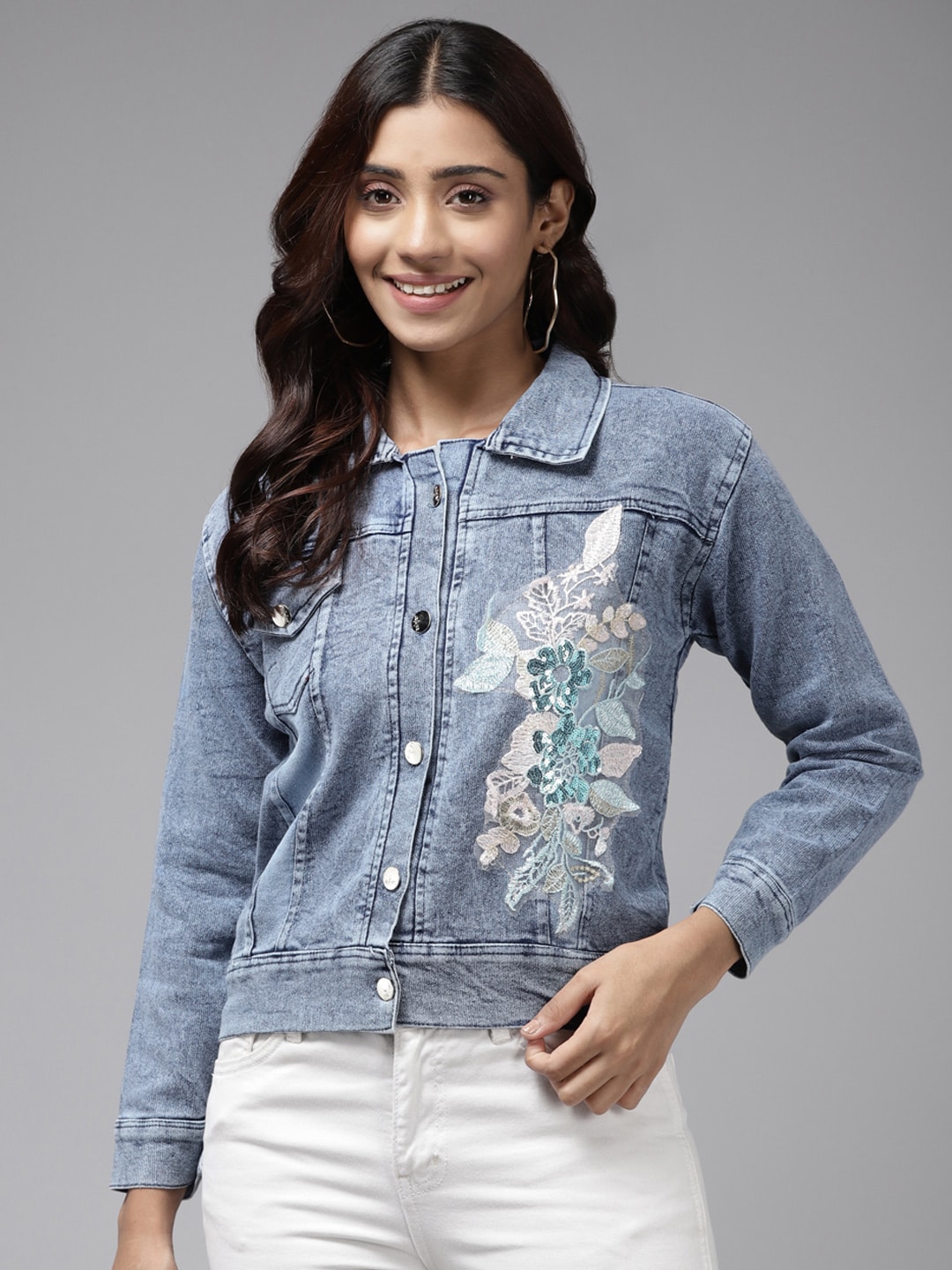 Aarika Women Blue Denim Jacket With Embroidered Detail Price in India