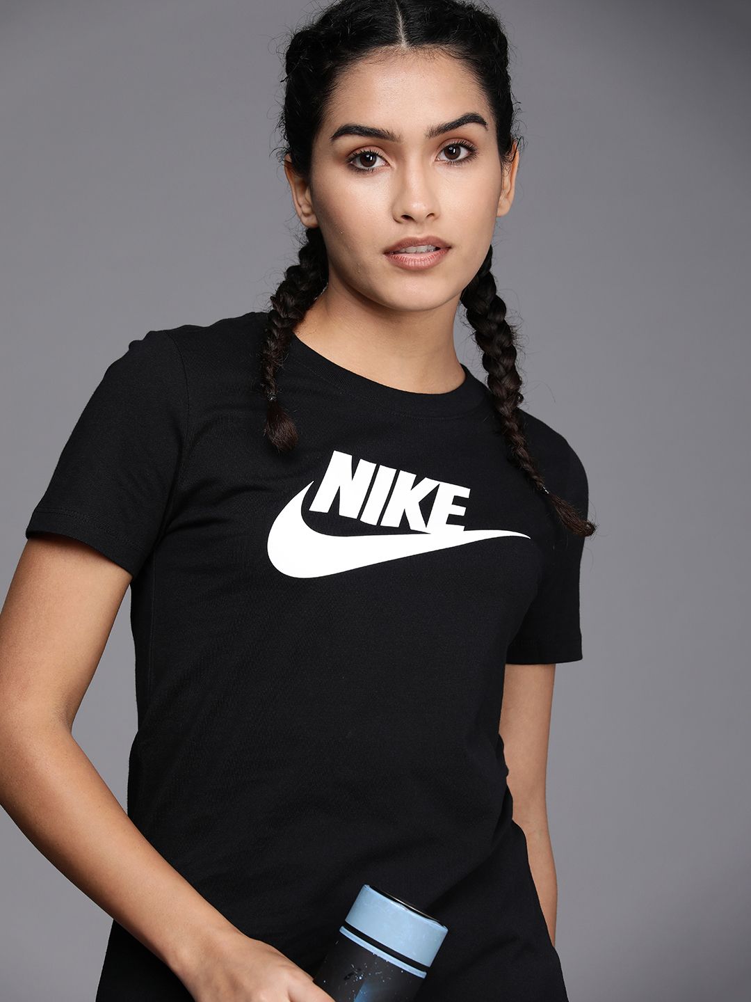 Nike Women Black & White Brand Logo Printed Pure Cotton  Top Price in India