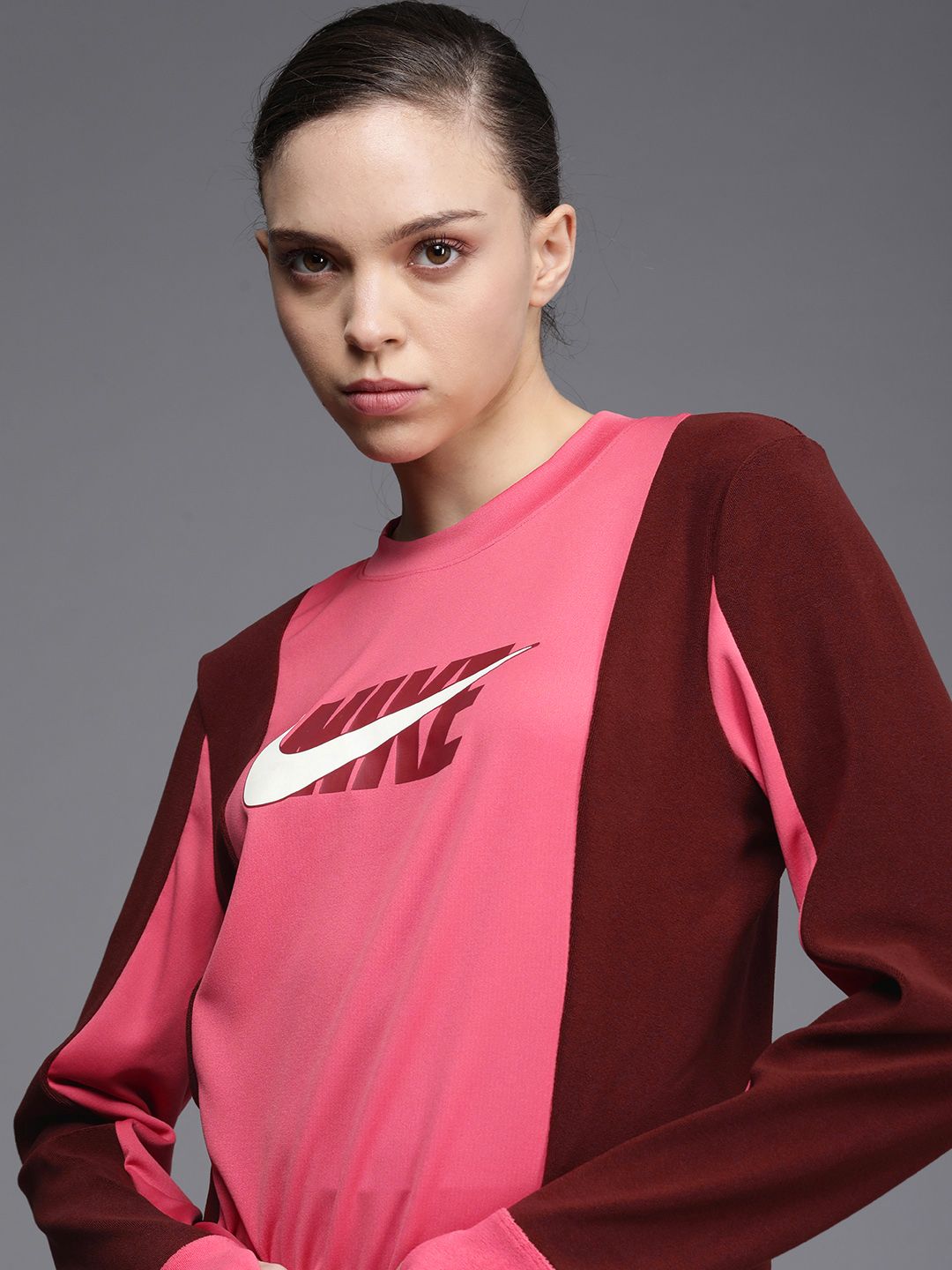 Nike Women Pink & Maroon Icon Clash Midlayer Dri-FIT Colourblocked Running T-shirt Price in India