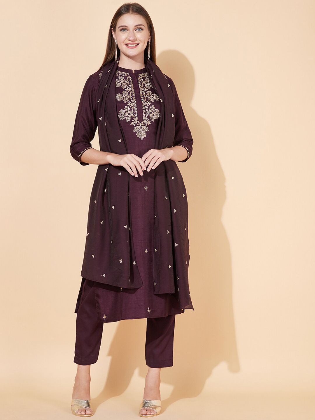 FASHOR Women Purple Floral Embroidered Zardozi Kurta Set Price in India