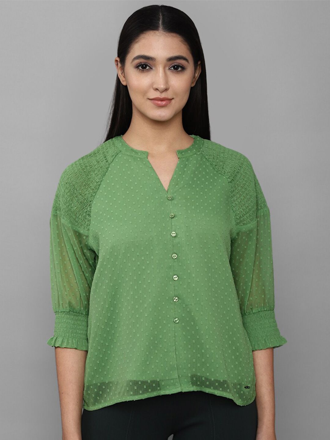 Allen Solly Woman Green Mandarin Collar Shirt Style Top