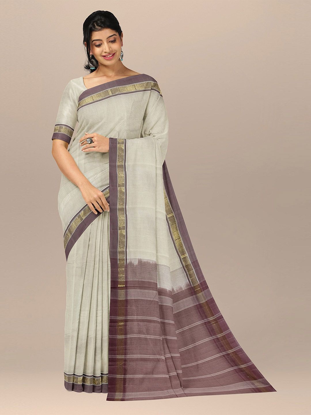 The Chennai Silks Beige & Gold-Toned Zari Pure Cotton Kovai Saree