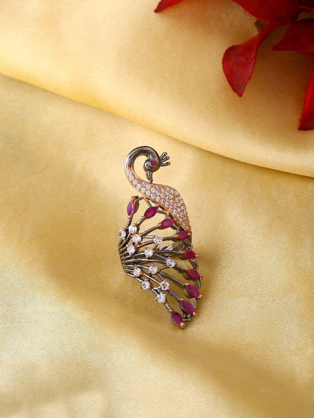 Yellow Chimes Silver-Plated White & Pink Crystals Studded Peacock Shaped Ring Price in India