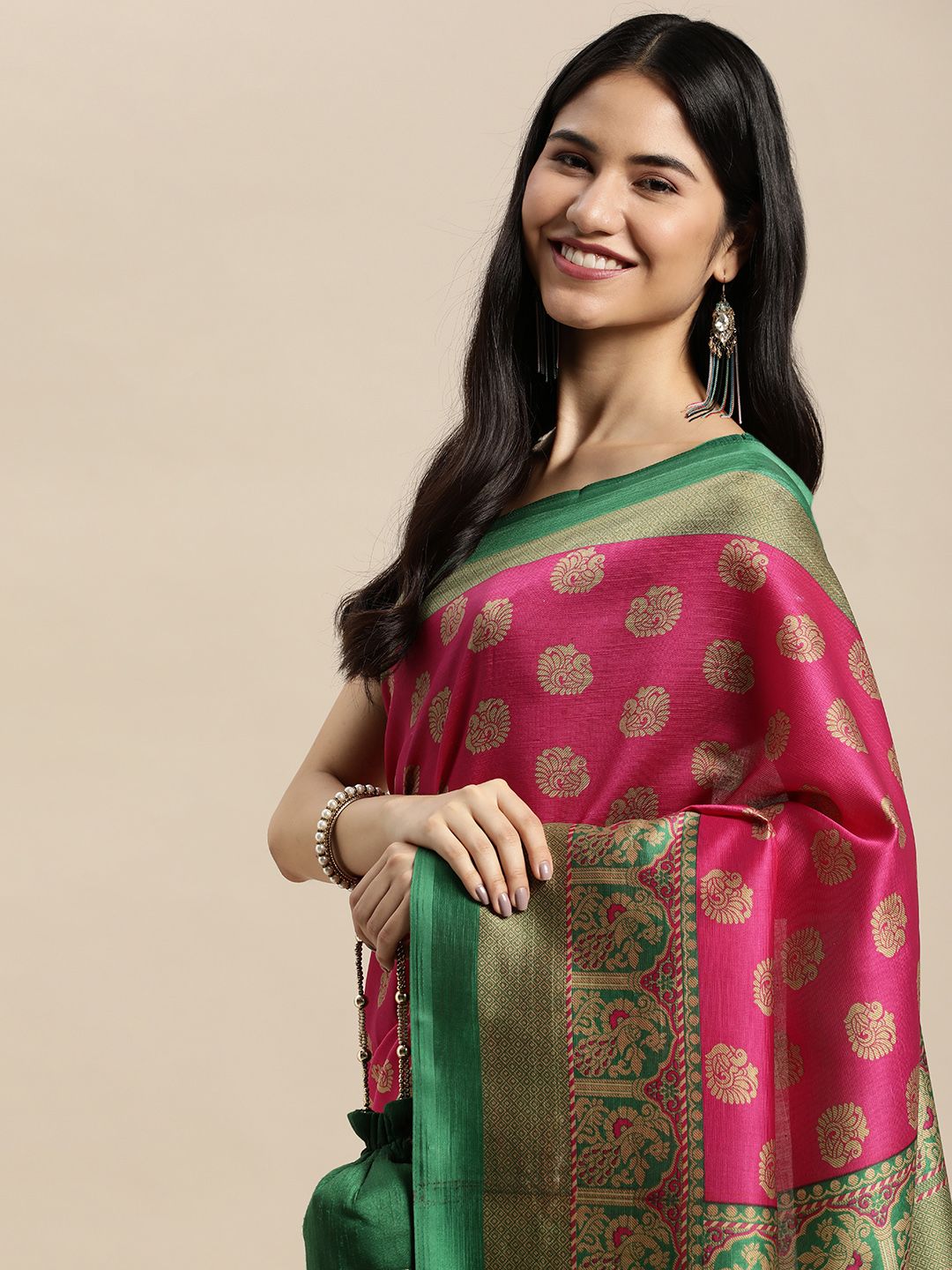 SANGAM PRINTS Pink & Green Ethnic Motif Print Art Silk Saree Price in India