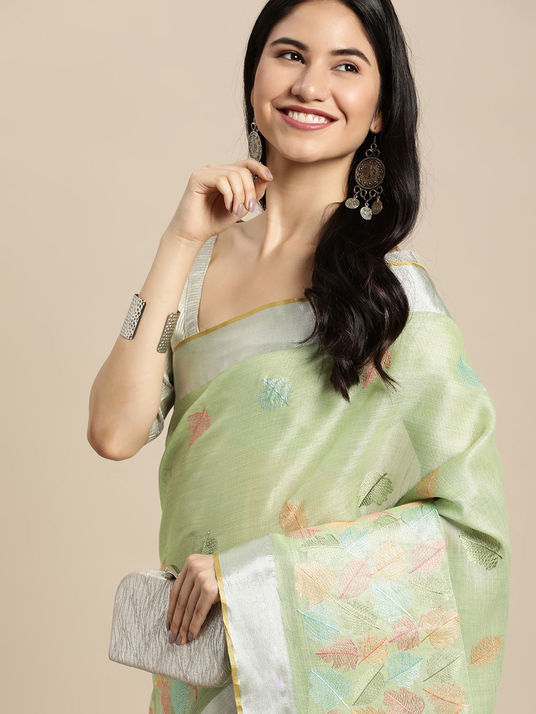 SANGAM PRINTS Lime Green & Pink Leaf Woven Design Saree Price in India