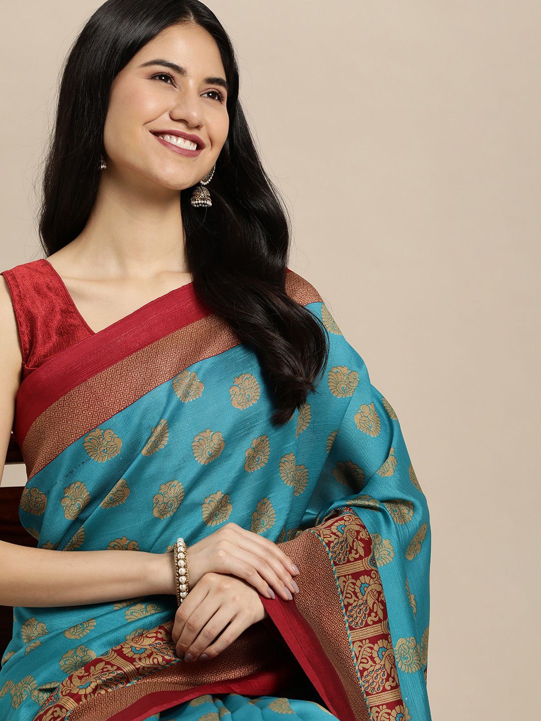 SANGAM PRINTS Blue & Maroon Ethnic Motif Print Art Silk Saree Price in India