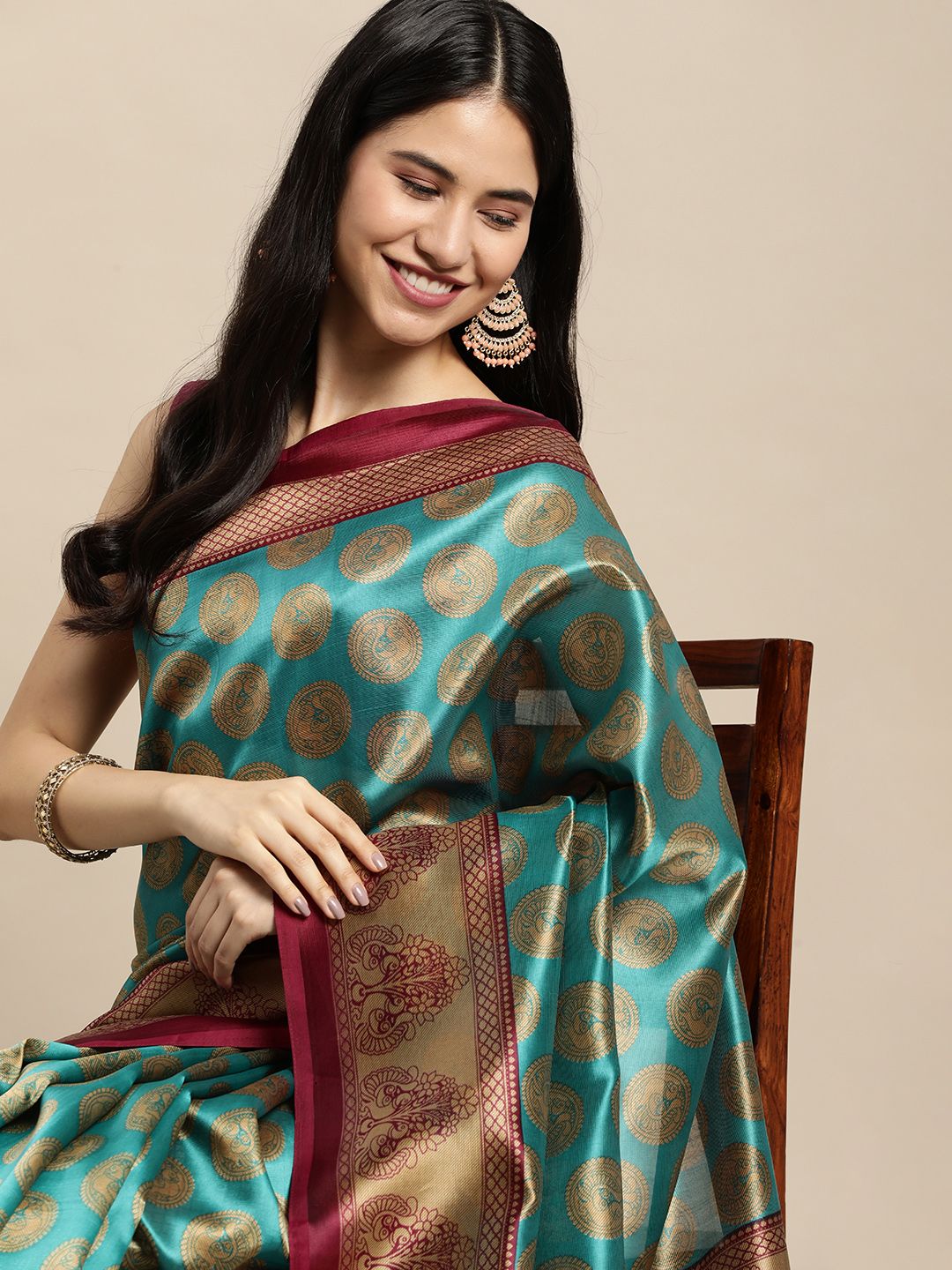 SANGAM PRINTS Sea Green & Golden Ethnic Motifs Print Art Silk Saree Price in India