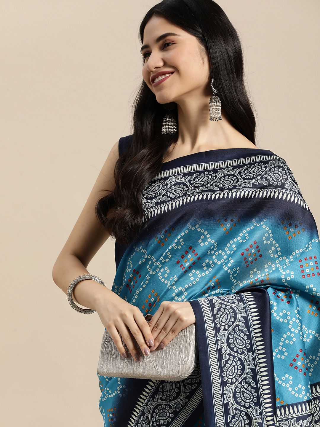 SANGAM PRINTS Blue & White Bandhani Print Art Silk Saree Price in India