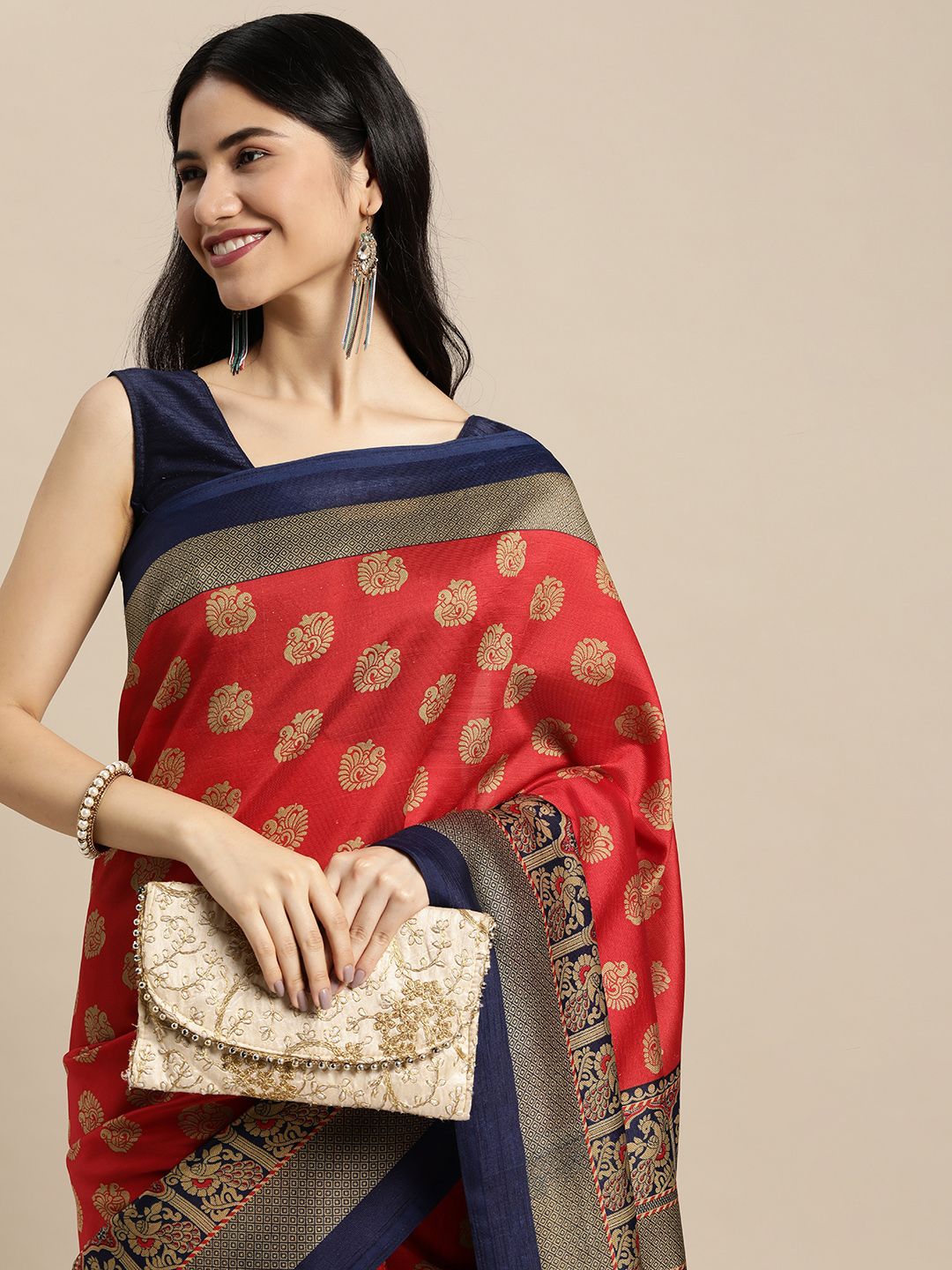 SANGAM PRINTS Red & Blue Ethnic Motif Print Art Silk Saree Price in India