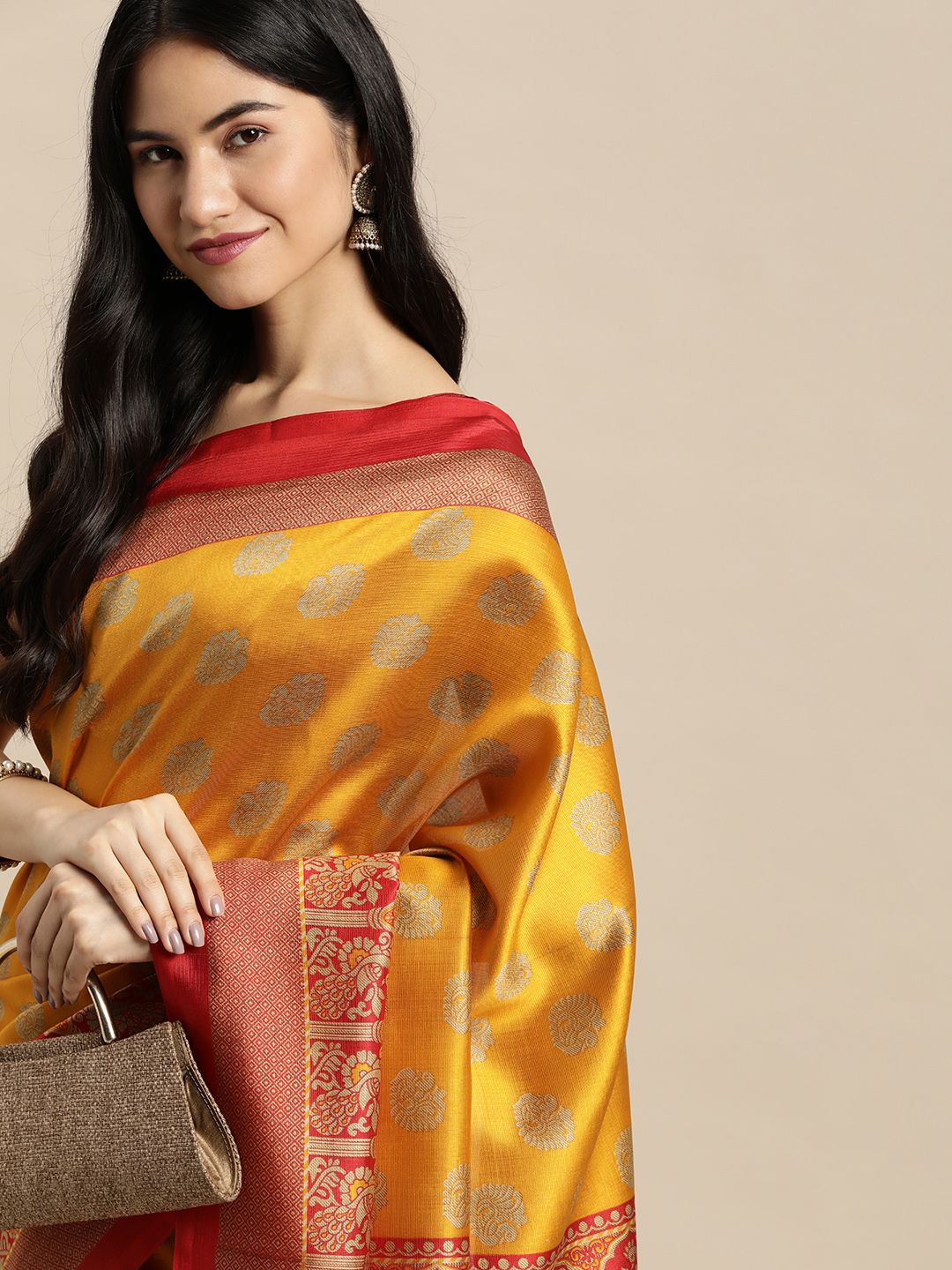 SANGAM PRINTS Yellow & Red Ethnic Motif Print Art Silk Saree Price in India