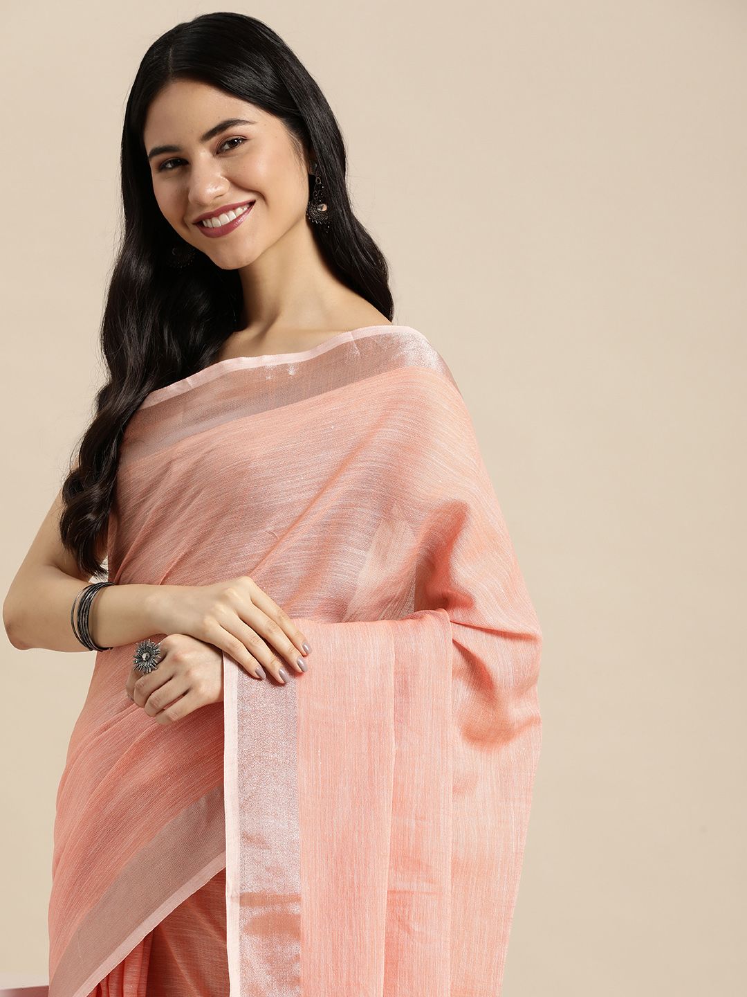 SANGAM PRINTS Peach-Coloured Solid Linen Blend Saree Price in India