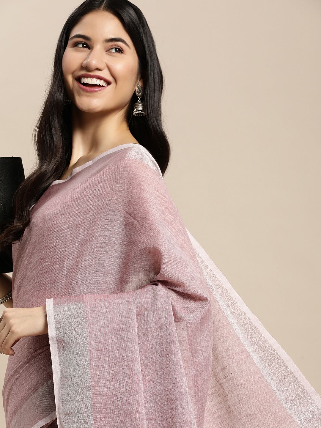SANGAM PRINTS Mauve Solid Linen Blend Saree Price in India