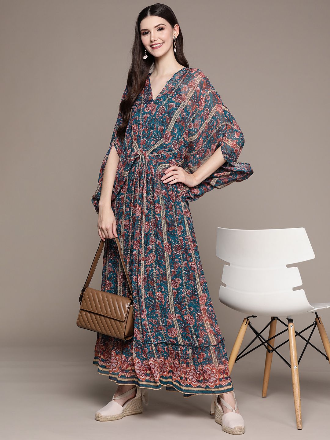 aarke Ritu Kumar Teal & Maroon Ethnic Motifs Georgette Maxi Dress Price in India