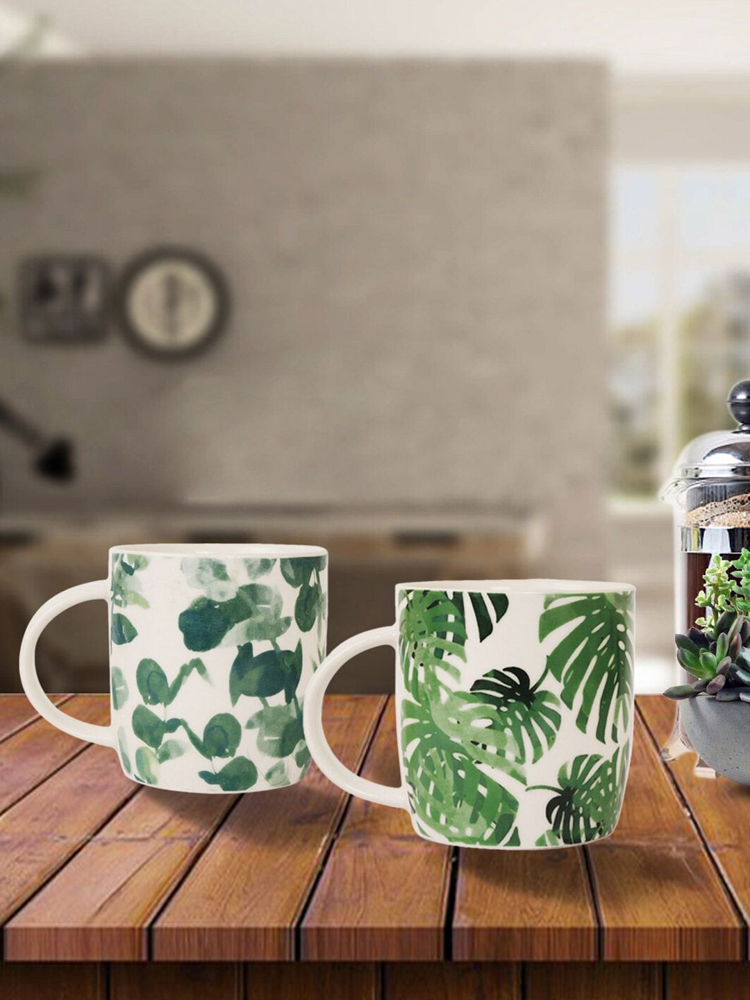 House Of Accessories Green & White Floral Printed Ceramic Glossy Mugs Set of Cups and Mugs Price in India