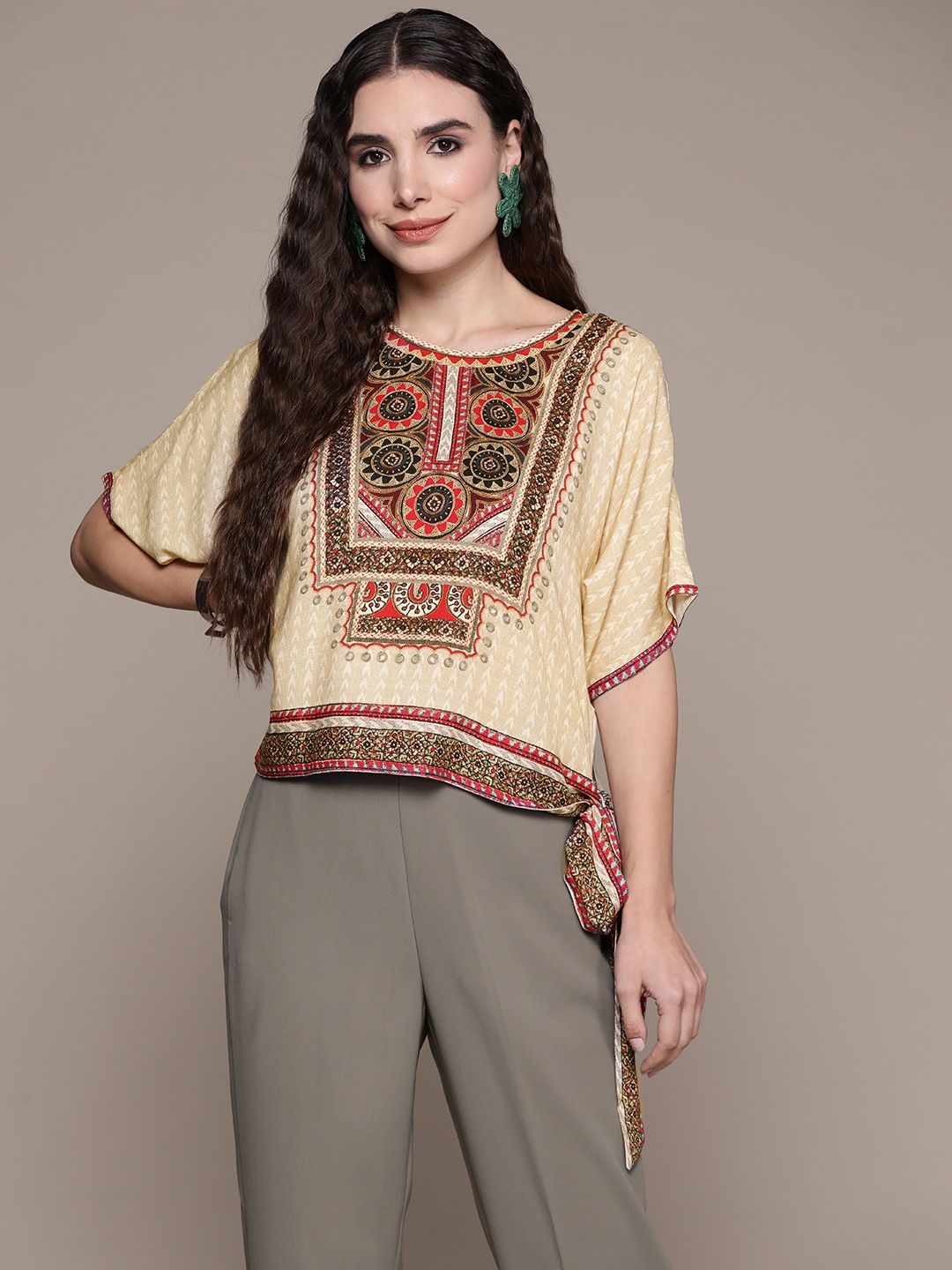 aarke Ritu Kumar Beige & Navy Blue Print Top Price in India