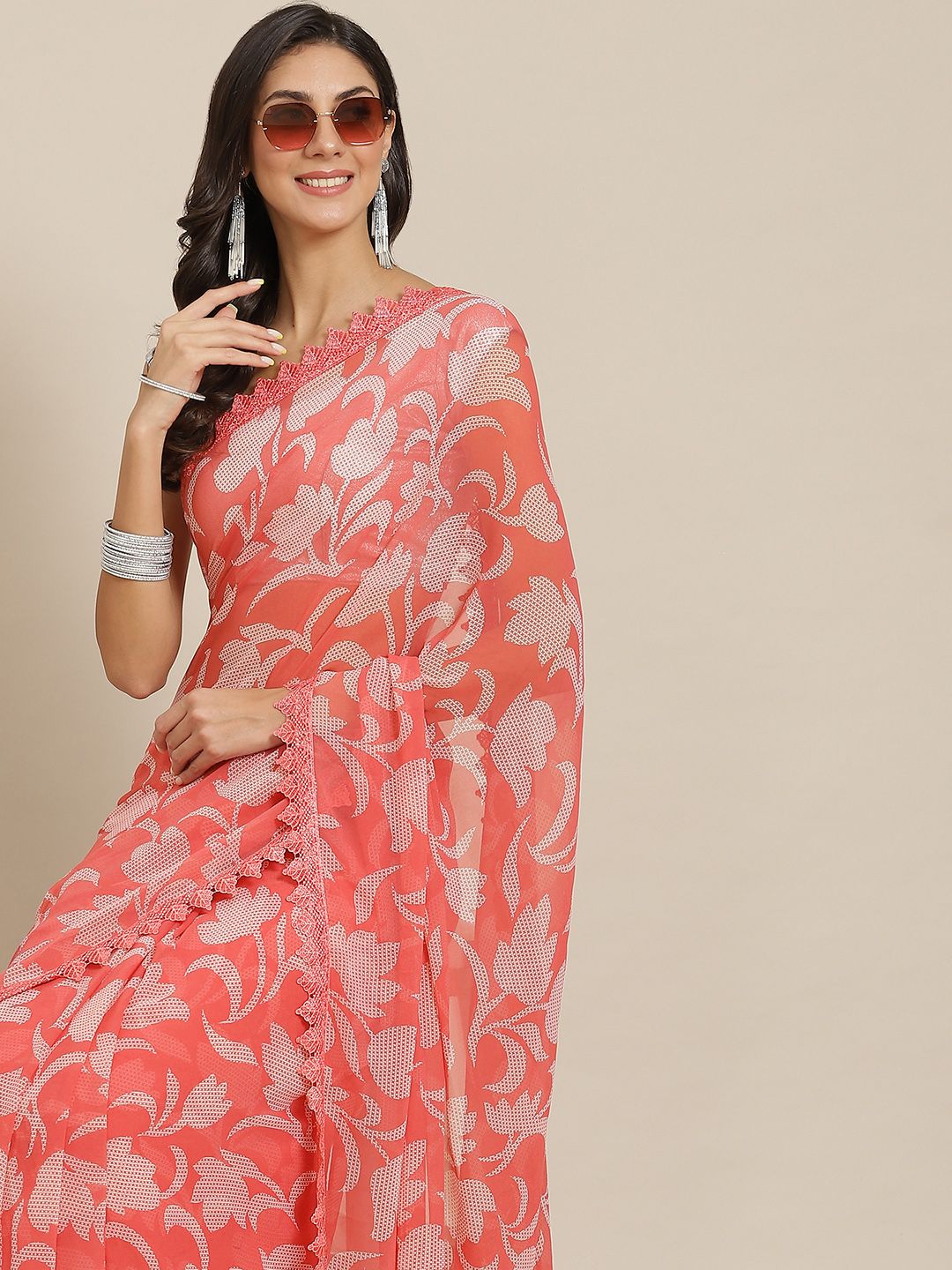 Tikhi Imli Peach-Coloured Floral Saree with Chikankari lace Price in India