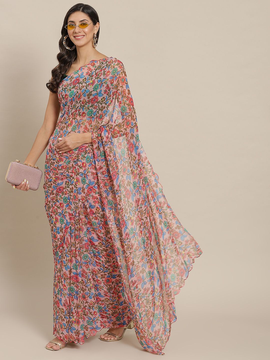 Tikhi Imli Pink & Blue Floral Saree Price in India