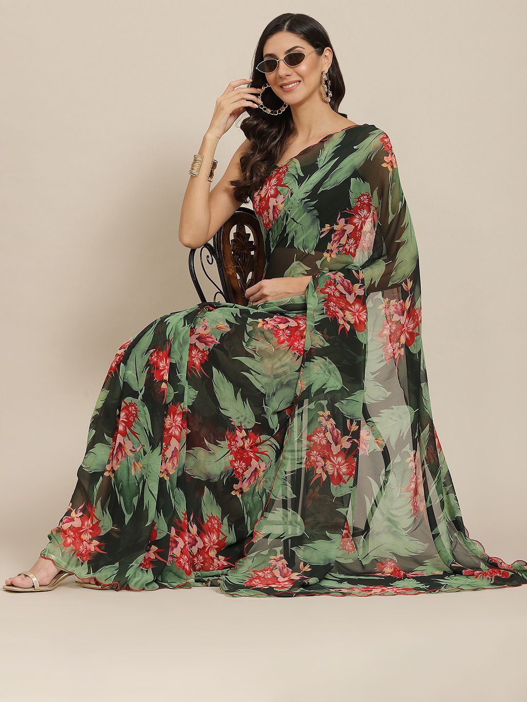 Tikhi Imli Olive Green & Red Floral Saree With Scalloped Border Price in India