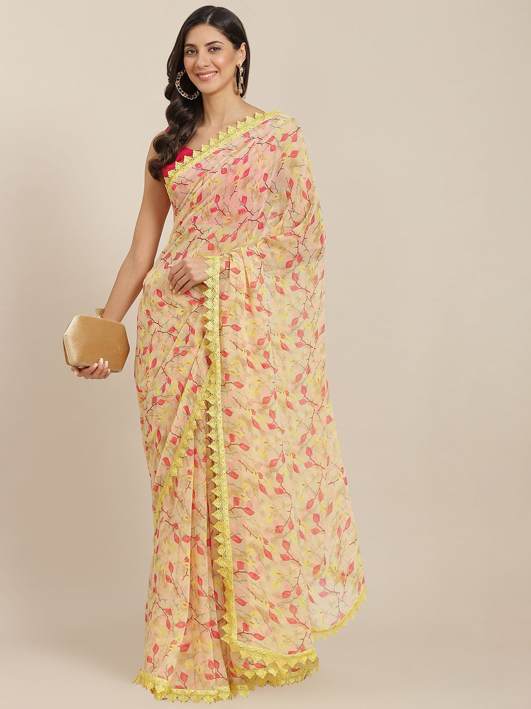 Tikhi Imli Yellow & Pink Floral Saree with Chikankari lace Price in India