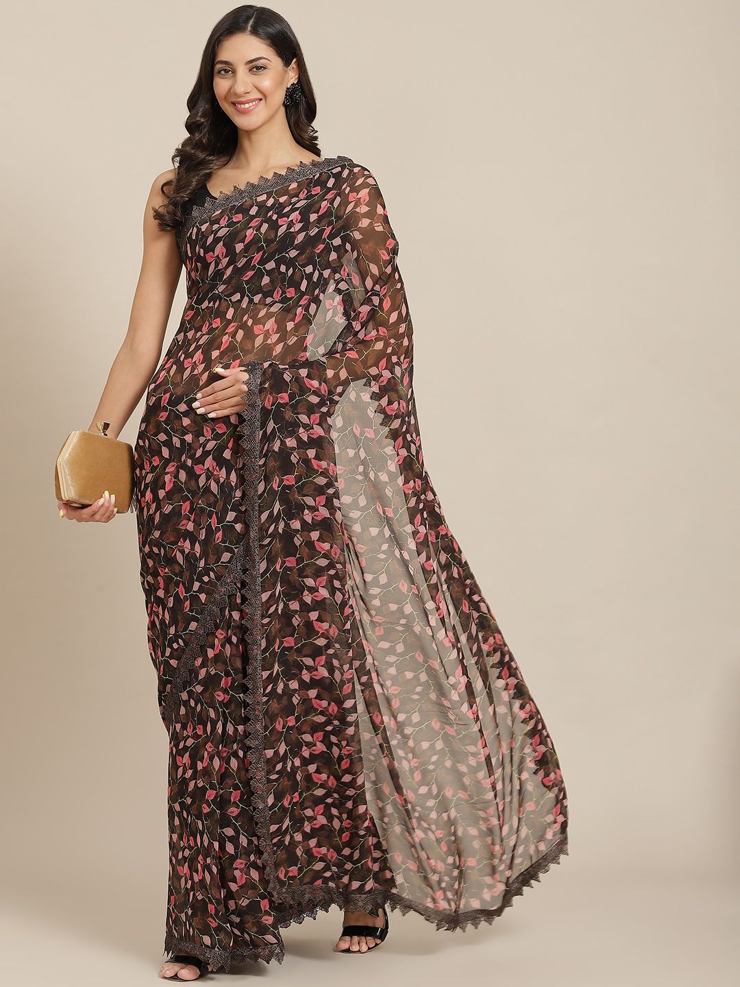 Tikhi Imli Brown & Pink Floral Saree with Chikankari lace Price in India