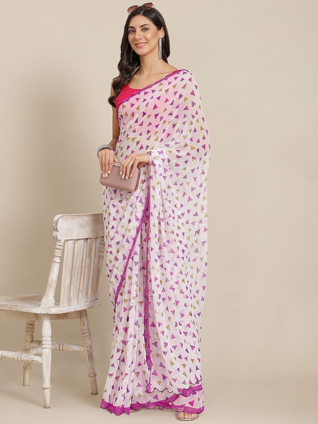 Tikhi Imli White & Purple Geometric Print Scalloped Border Saree Price in India