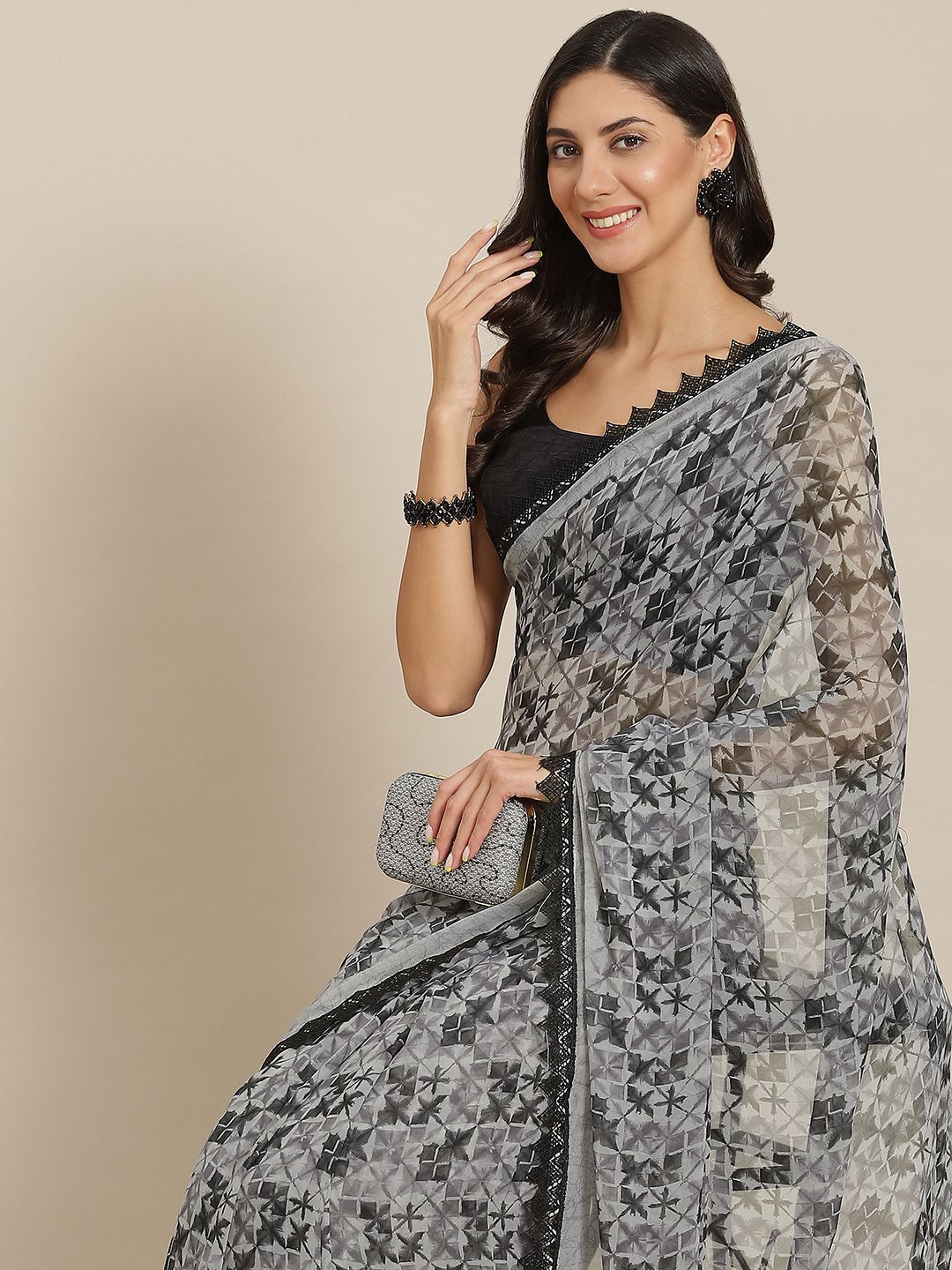 Tikhi Imli Grey Saree with Chikankari lace Price in India