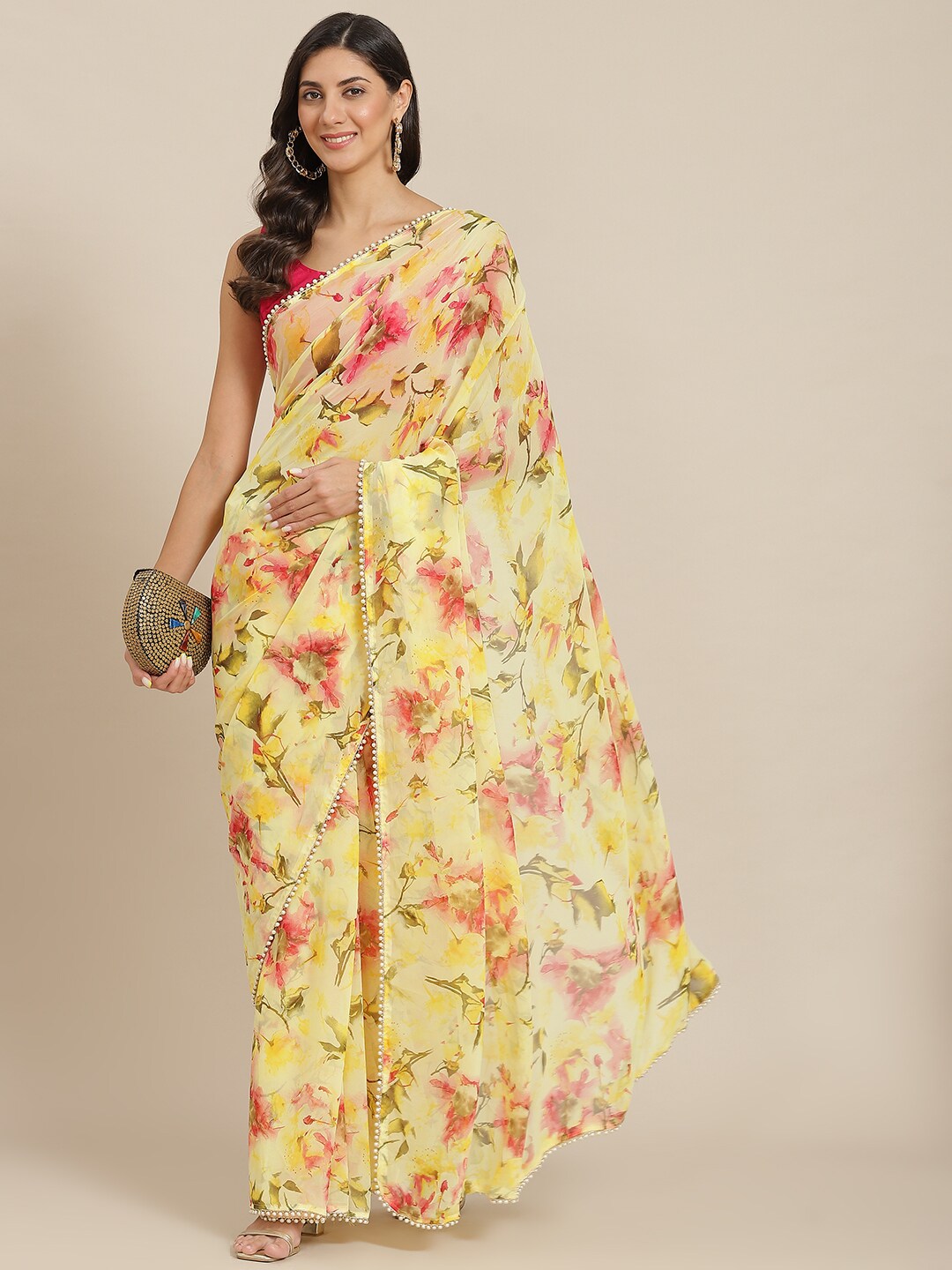 Tikhi Imli Yellow & Pink Floral Beads and Stones Saree Price in India