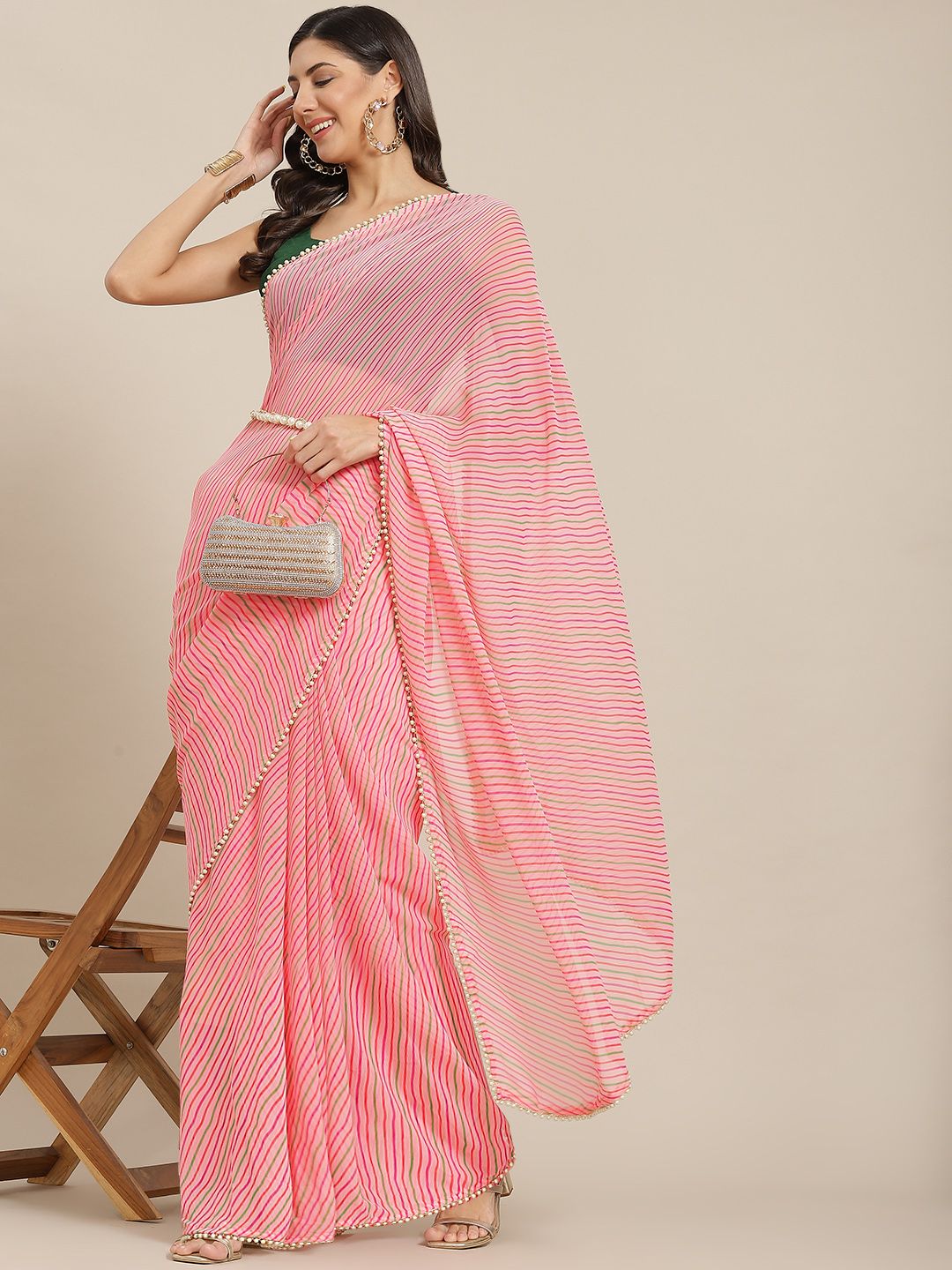 Tikhi Imli Pink & Green Leheriya Print Saree Price in India