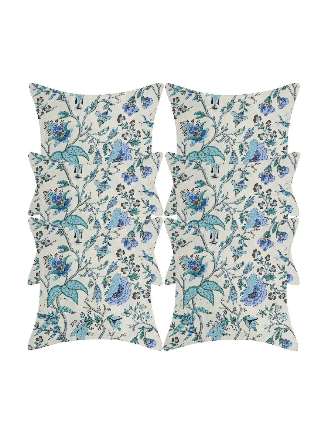 INDHOME LIFE White & Blue Set of 6 Floral Square Cushion Covers Price in India