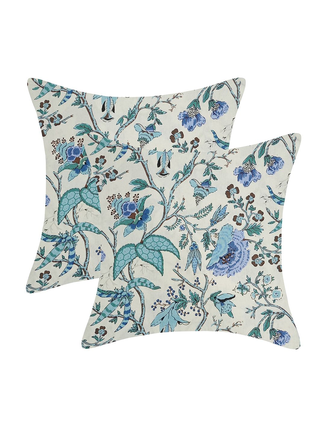 INDHOME LIFE White & Blue Set of 2 Cotton Reversible Floral Square Cushion Covers Price in India