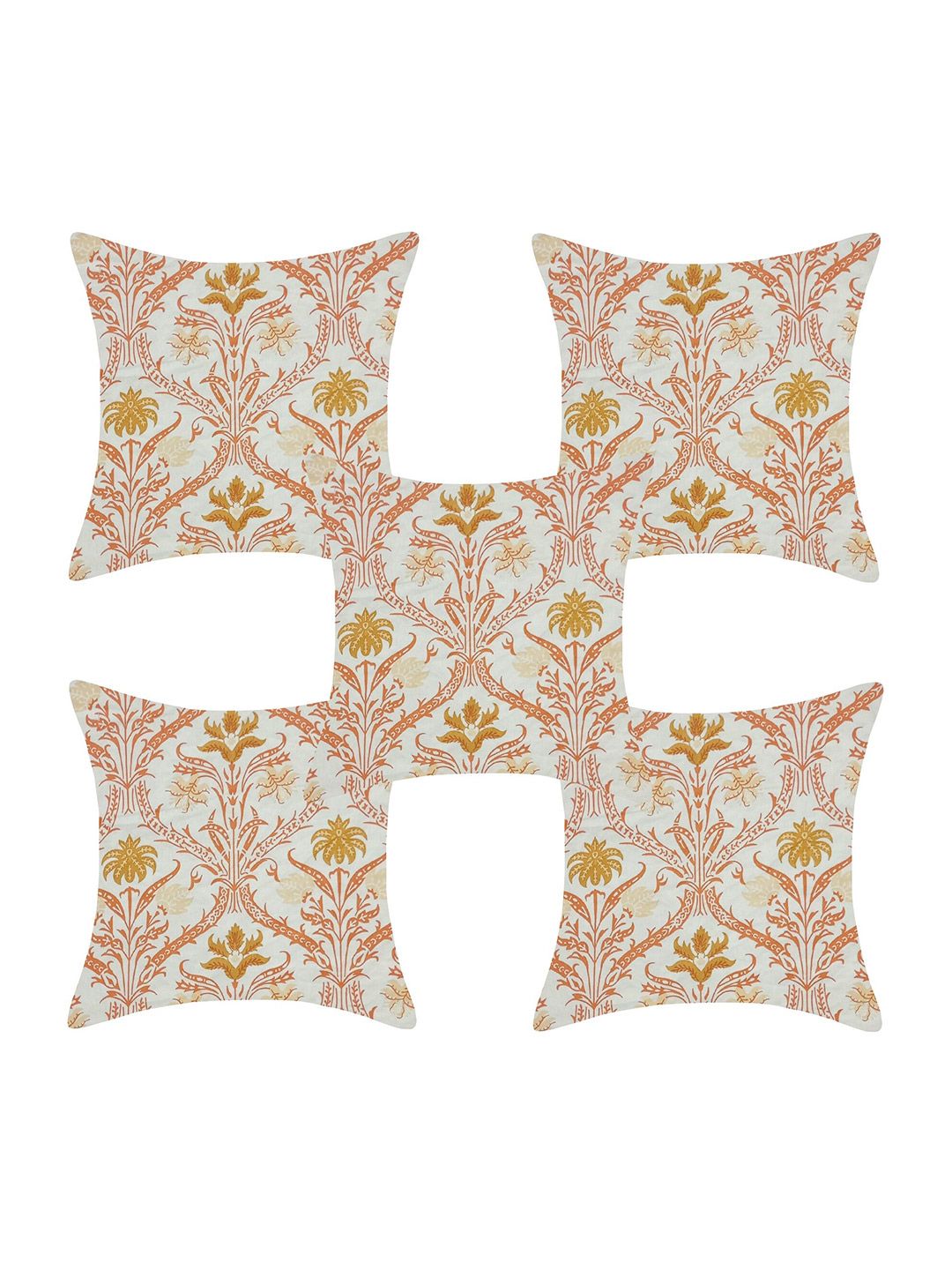 INDHOME LIFE White & Orange Set of 5 Abstract Square Cushion Covers-16x16 Inches Price in India