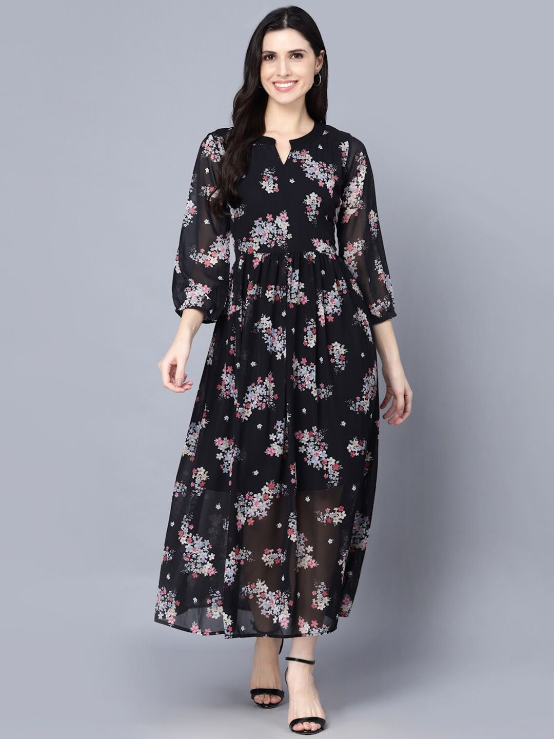 Myshka Black Floral Keyhole Neck Georgette Maxi Dress Price in India