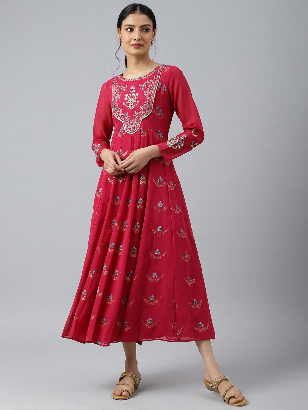 WISHFUL Pink Floral Embroidered Georgette Ethnic Maxi Dress Price in India
