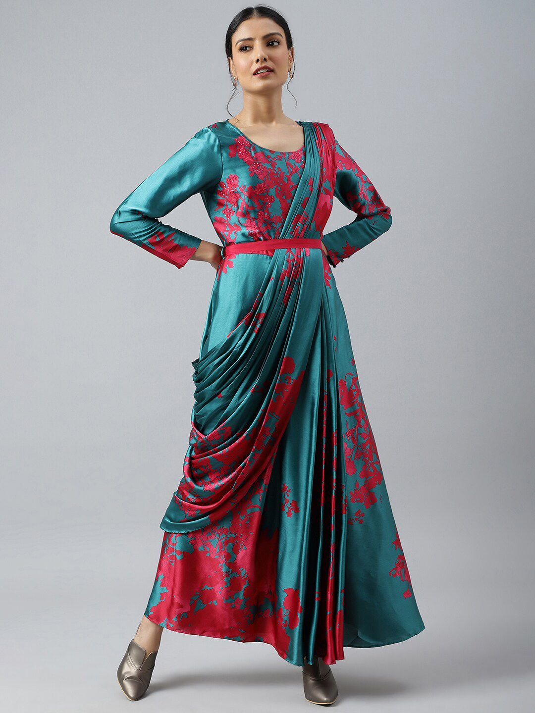 WISHFUL Women Green Satin Printed Fusion Maxi Dress Price in India