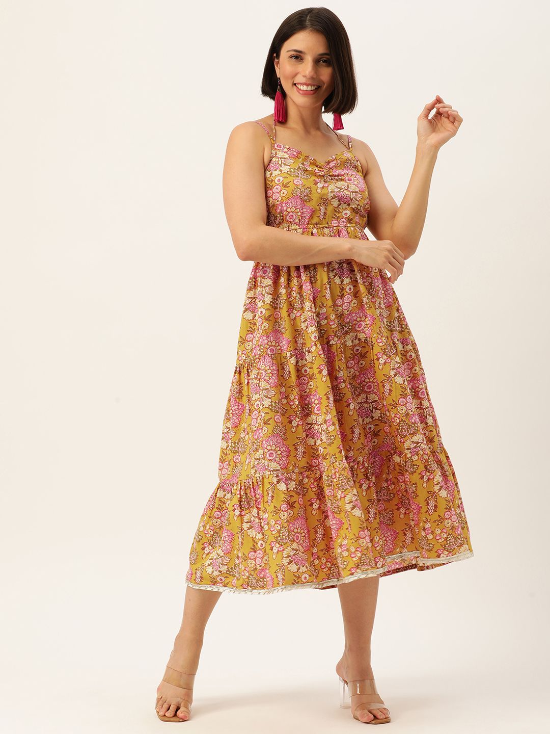 FABRIC FITOOR Mustard Yellow & White Floral Halter Neck A-Line Tiered Midi Dress Price in India