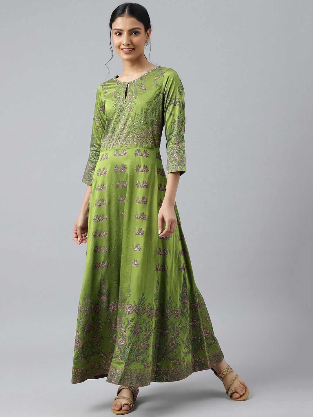W Green & Pink Floral Keyhole Neck Ethnic Maxi Dress Price in India