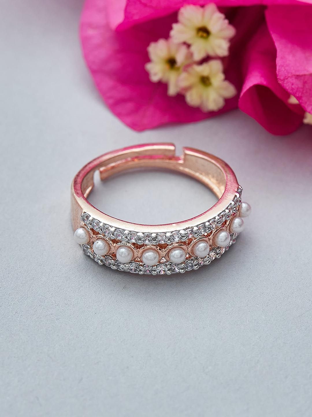 Voylla Rose Gold-Plated White CZ-Studded & Beaded Finger Ring Price in India