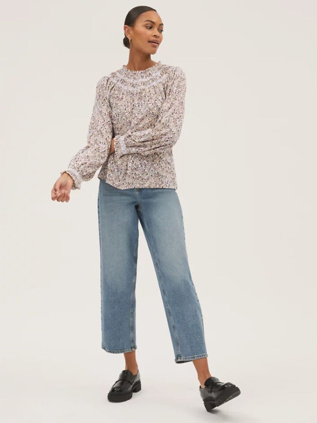 Marks & Spencer Pink & Cream-Coloured Smocking Neckline Floral Print Bishop Sleeves Top