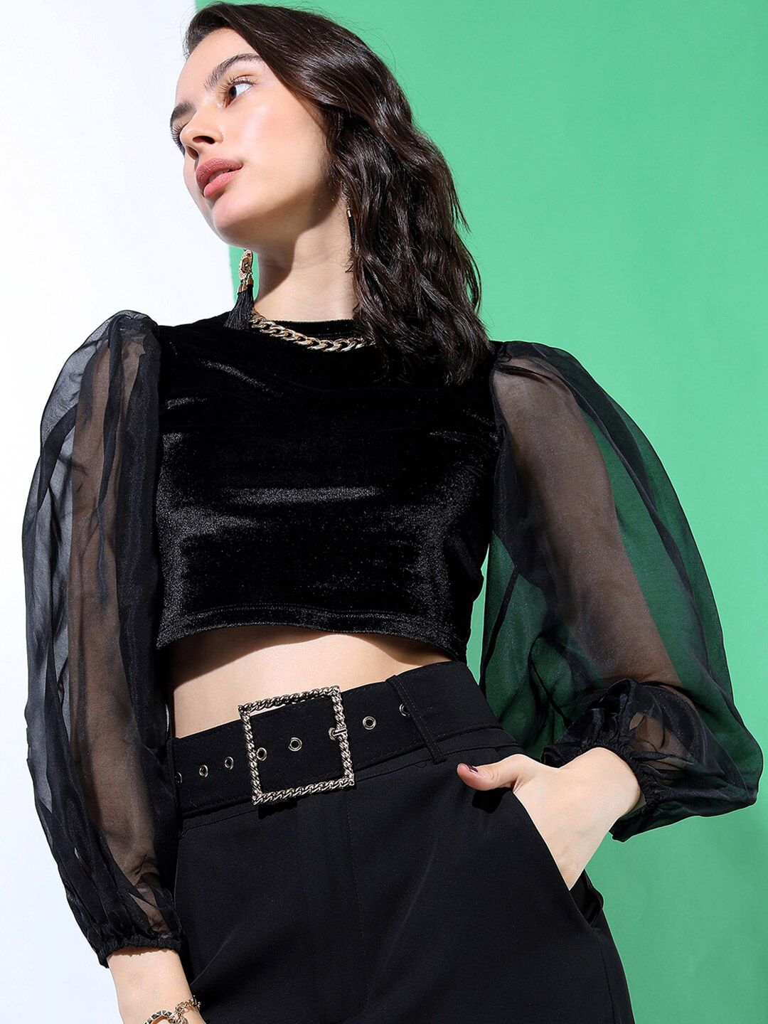 Tokyo Talkies Black Solid Crop Top with puff sleeves Price in India