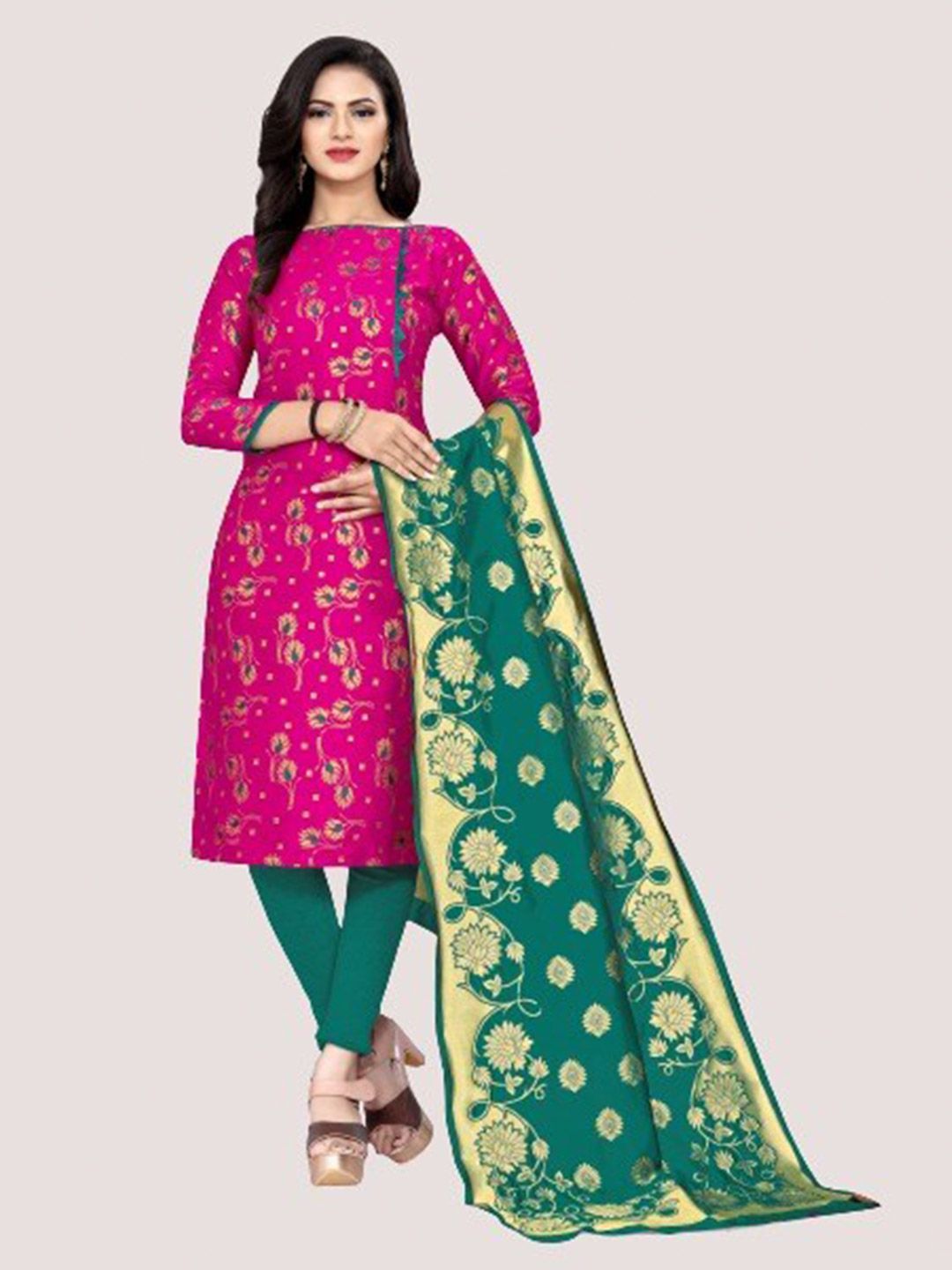 MORLY Pink & Green Dupion Silk Unstitched Dress Material Price in India