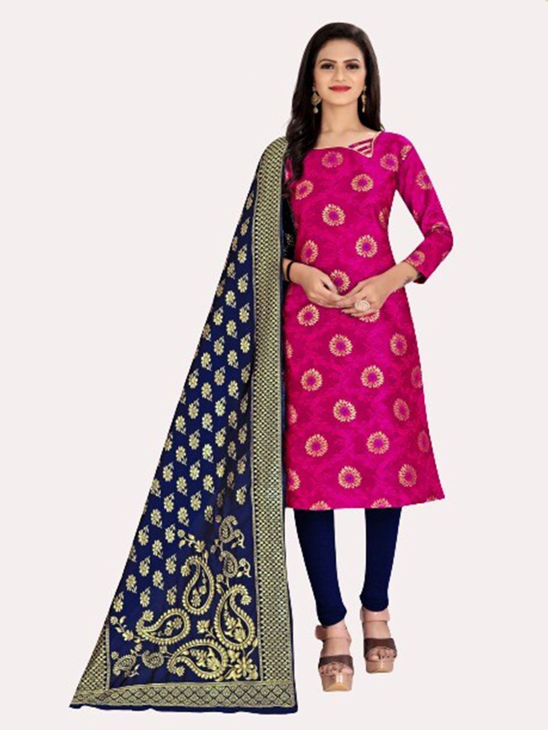 MORLY Women Pink & Navy Blue Dupion Silk Unstitched Dress Material Price in India