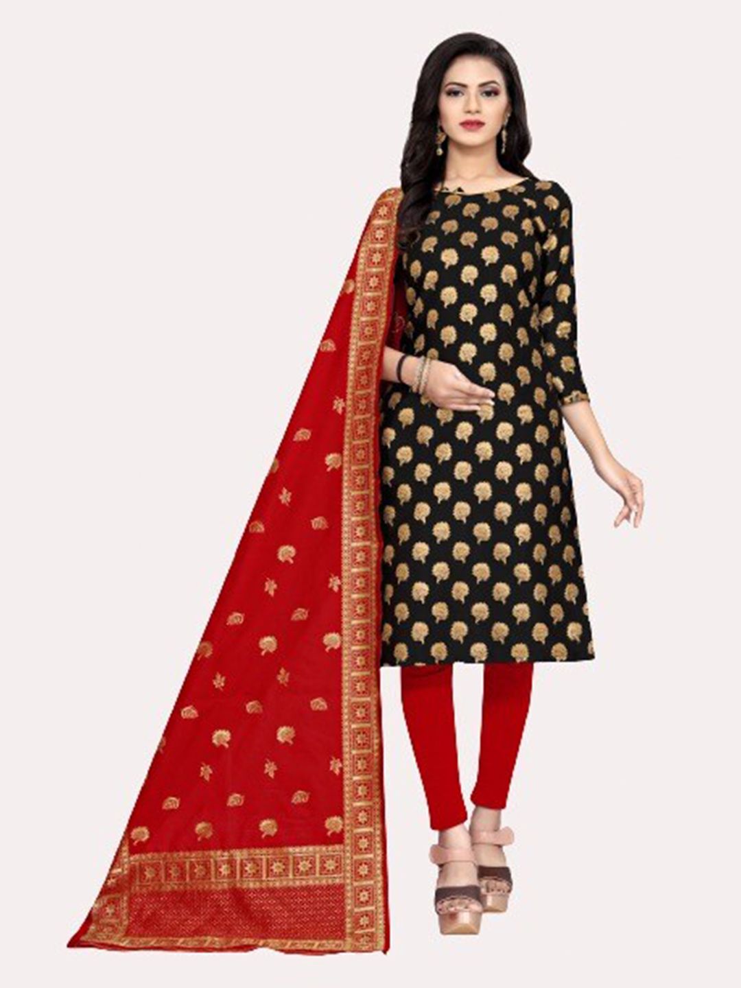 MORLY Black & Red  Banarasi Jacquard Unstitched Dress Material Price in India