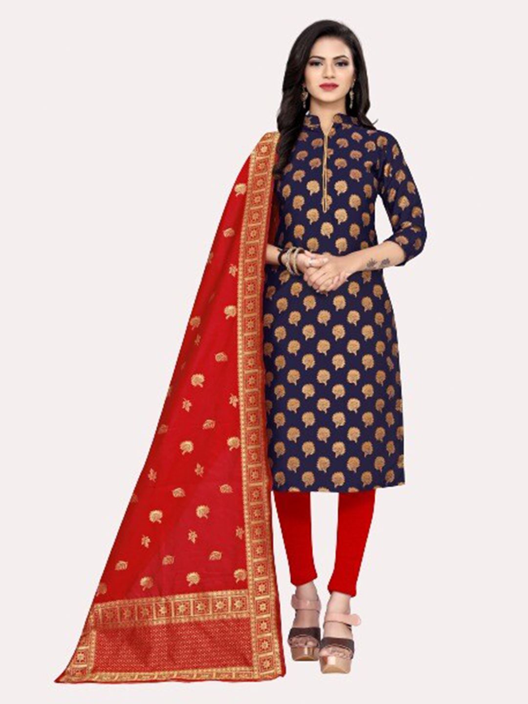 MORLY Women Blue & Maroon Dupion Silk Unstitched Dress Material Price in India